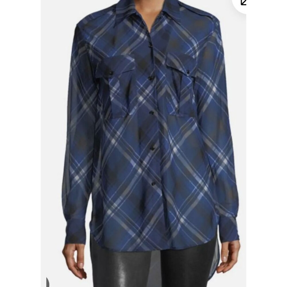 Rag & Bone Silk Plaid Button Up Long Sleeve Top Blouse Womens Size S Blue Sheer - Picture 3 of 11
